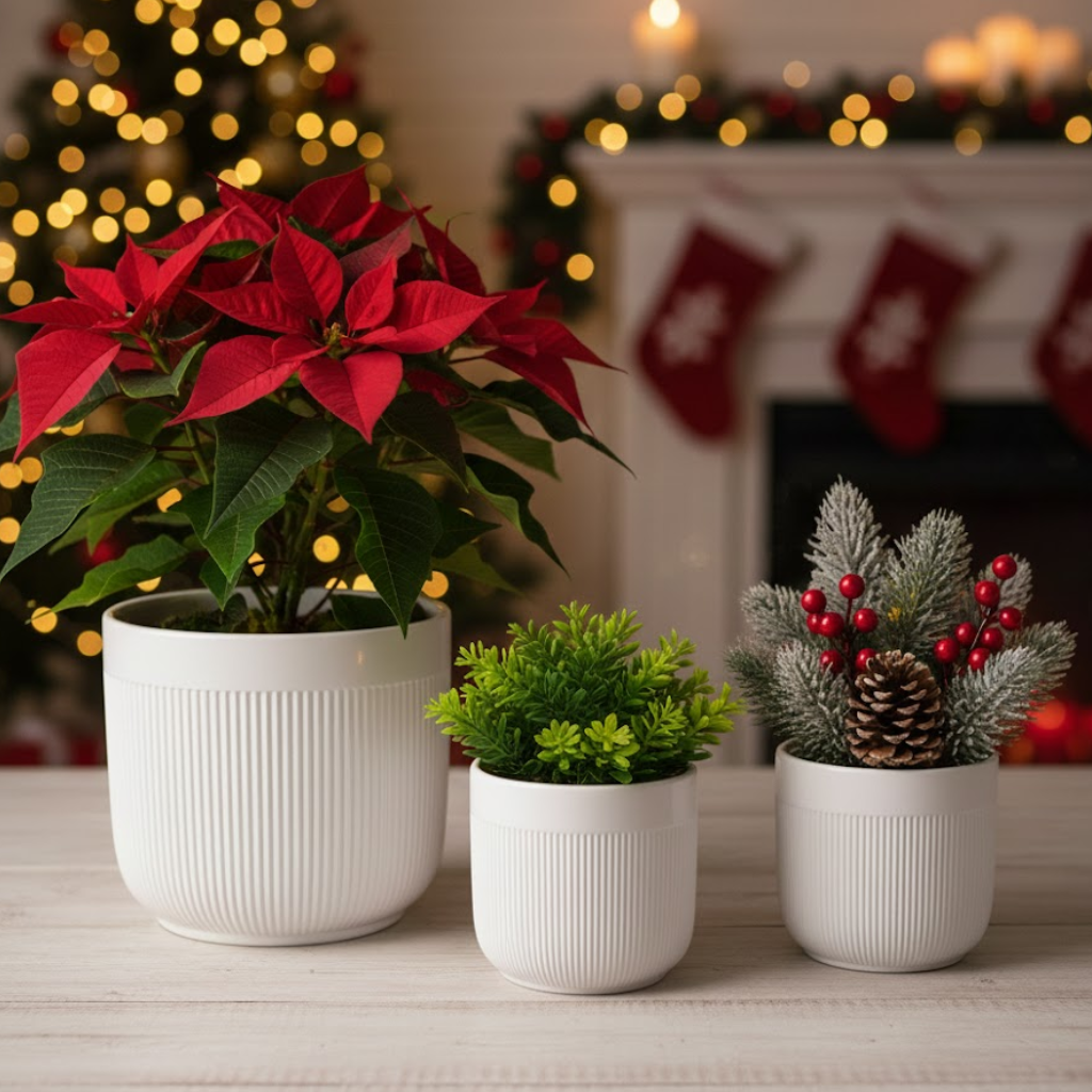 3-Piece White Stoneware Planter Set with Line Texture