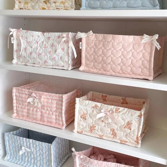 Square Quilted Storage Basket with Lace Flower Design
