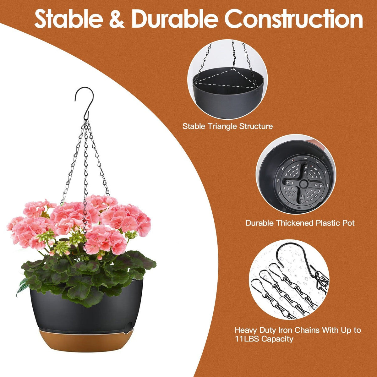 4-Piece Hanging Planters with Drainage and Self-Watering Trays