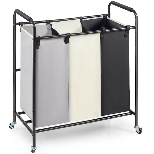 3-Section Laundry Sorter Cart with Lockable Wheels
