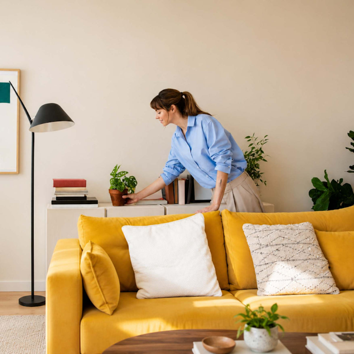 A woman in a blue button-up shirt and beige skirt leans over a white sideboard in a bright living room, placing a small potted plant next to a mustard yellow sofa with white and patterned pillows.