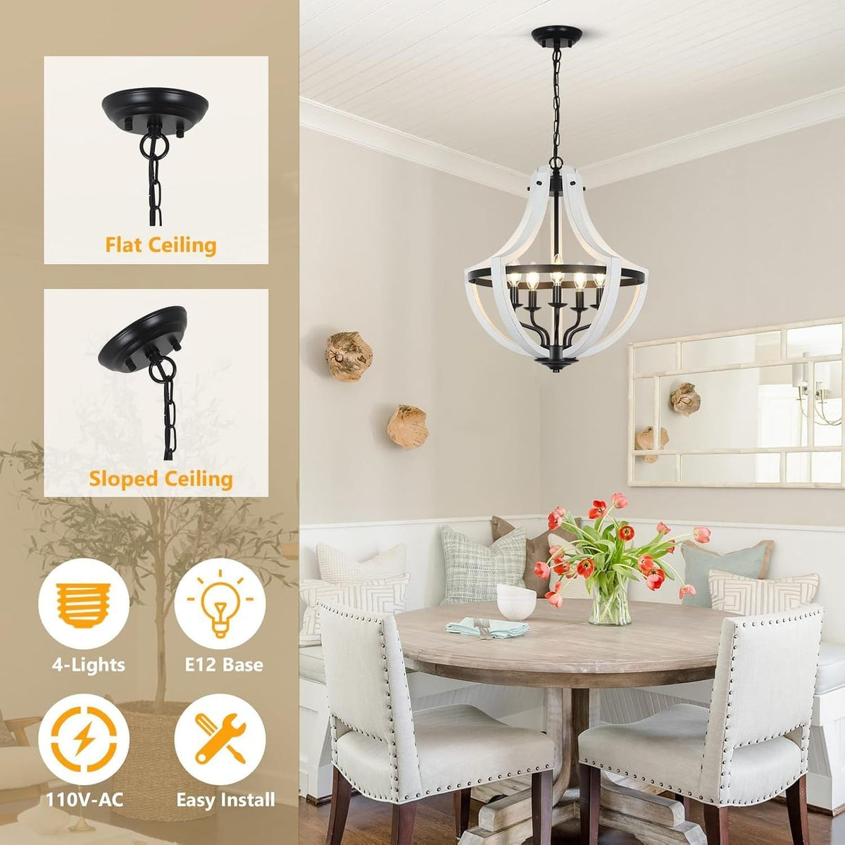 5-Light Convertible White Wood Farmhouse Chandelier
