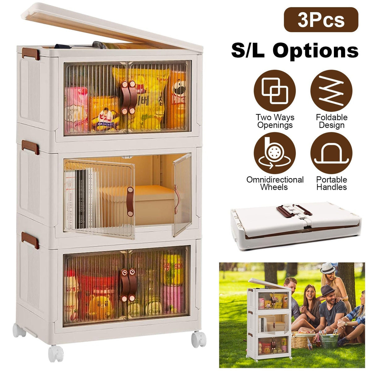 3-Piece Foldable Storage Bins with Lids and Wheels