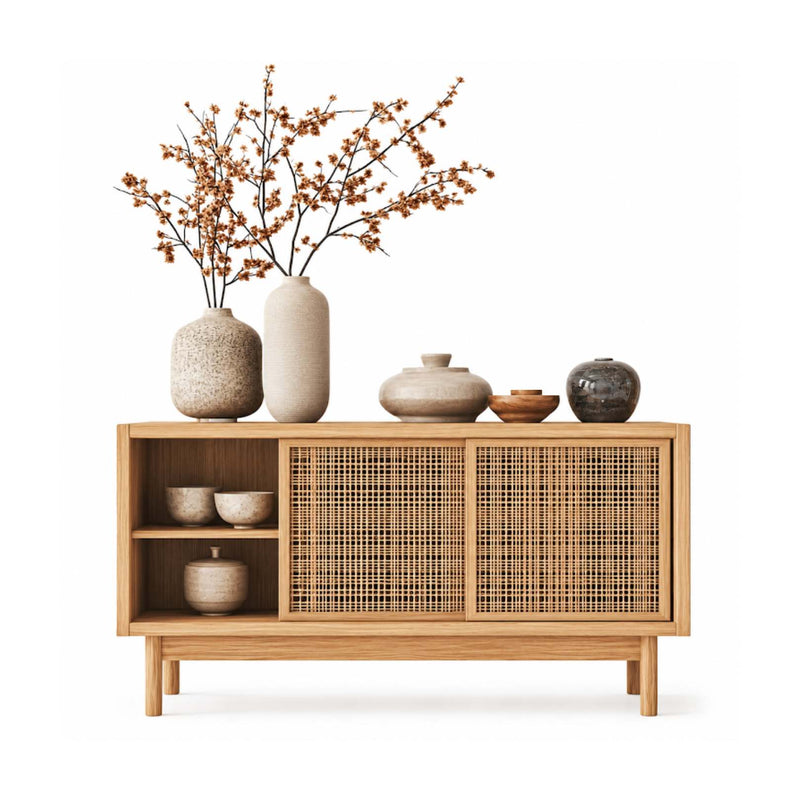 A mid-century modern wooden sideboard cabinet with woven cane doors, styled with ceramic vases and dried branches on a clean white background.