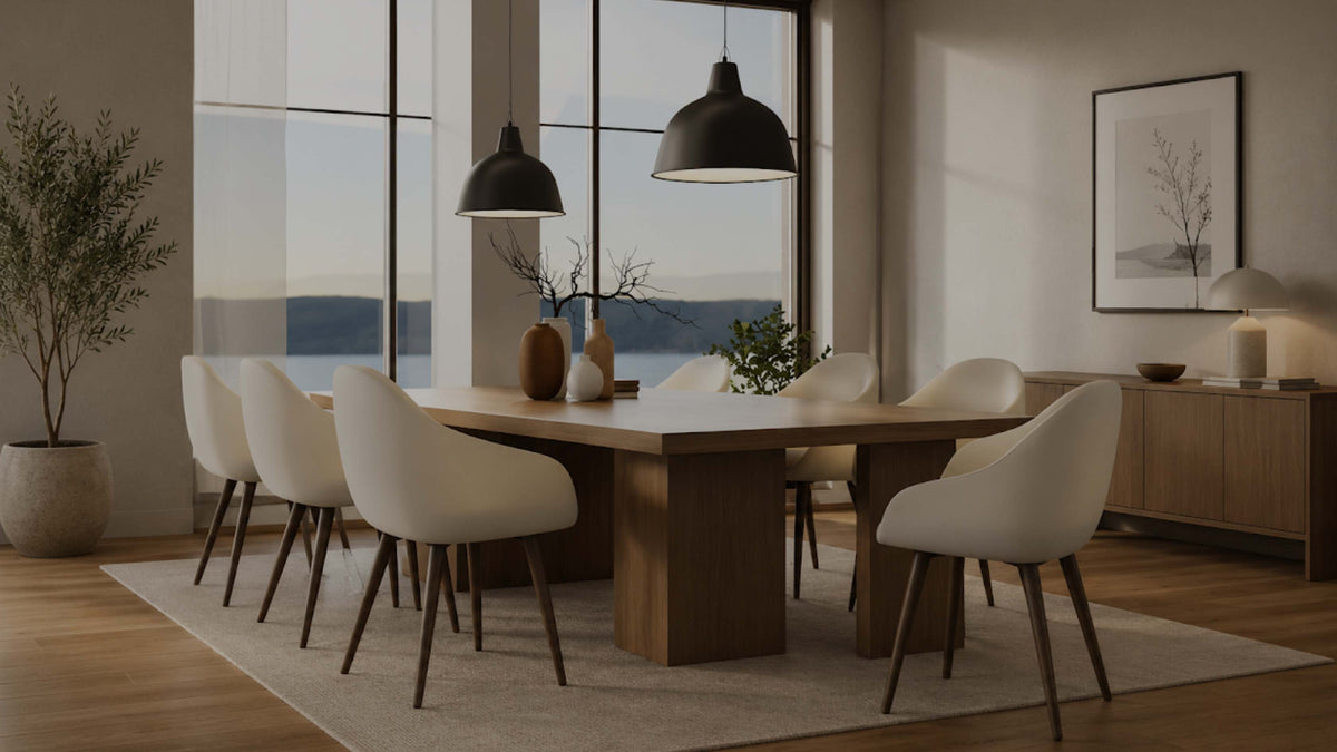 A modern dining room scene featuring a rectangular wooden dining table surrounded by six white upholstered chairs with dark wooden legs, set on a light beige rug. The room has large windows with a view of mountains, black pendant lights, a wooden sideboard, and a framed picture on the wall.