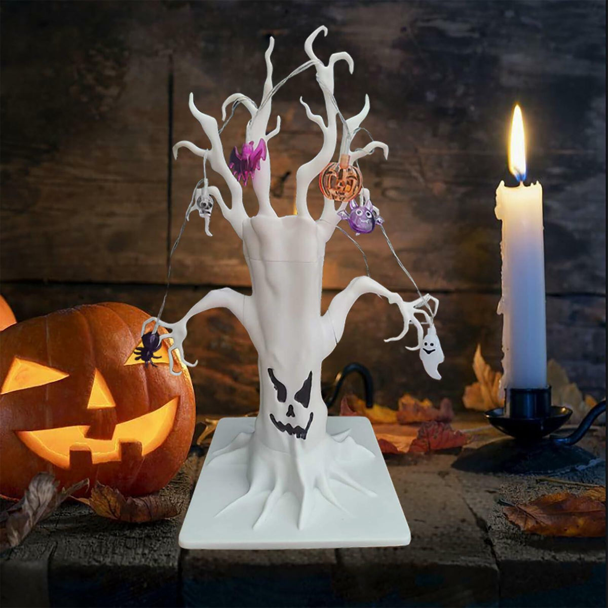 GNIXLING Halloween Tree Decorative Centerpiece White, Spooky Ornaments & Lights